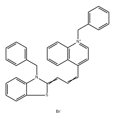 1-苄基-4-[(E,3E)-3-(3-苄基-1,3-苯并噻唑-2-亚基)丙-1-烯基]喹啉-1-鎓溴化物 结构式