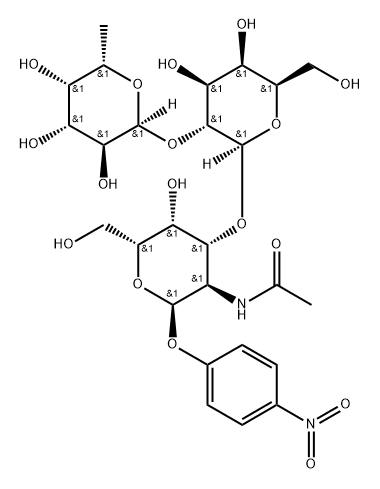 4-硝基苯基 O-6-脱氧-ALPHA-L-吡喃半乳糖基-(1-2)-O-BETA-D-吡喃半乳糖基-(1-3)-2-(乙酰氨基)-2-脱氧-ALPHA-D-吡喃半乳糖苷 结构式
