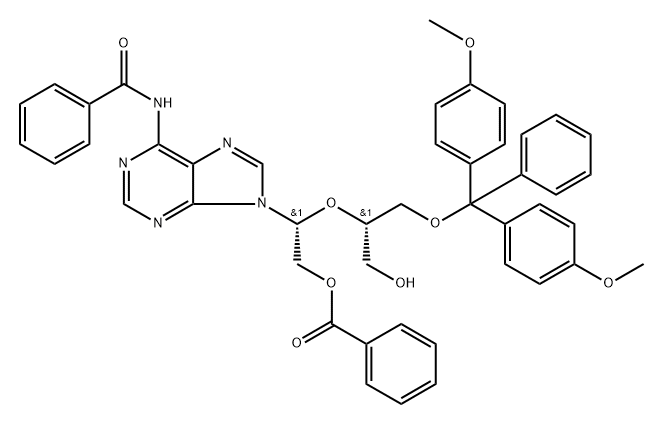 (R) -2-(6-苯甲酰氨基-9H-嘌呤-9-基)-2-(((S)-1-(双(4-甲氧基苯基)(苯基)甲氧基)-3-羟基丙-2-基)氧基)苯甲酸乙酯 结构式