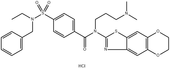4-[benzyl(ethyl)sulfamoyl]-N-(6,7-dihydro-[1,4]dioxino[2,3-f][1,3]benzothiazol-2-yl)-N-[3-(dimethylamino)propyl]benzamide:hydron:chloride 结构式