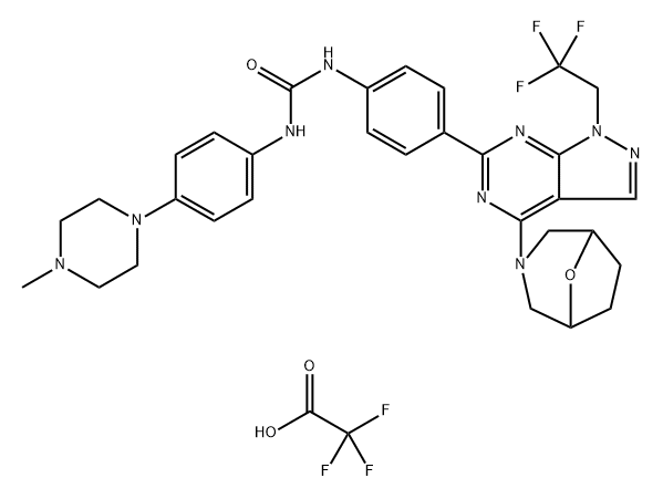 Urea, N-[4-(4-Methyl-1-piperazinyl)phenyl]-N'-[4-[4-(8-oxa-3-azabicyclo[3.2.1]oct-3-yl)-1-(2,2,2-trifluoroethyl)-1H-pyrazolo[3,4-d]pyriMidin-6-yl]phenyl]-, CF3COOH salt 结构式