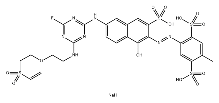 1,4-Benzenedisulfonic acid, 2-6-4-2-2-(ethenylsulfonyl)ethoxyethylamino-6-fluoro-1,3,5-triazin-2-ylamino-1-hydroxy-3-sulfo-2-naphthalenylazo-5-methyl-, trisodium salt 结构式