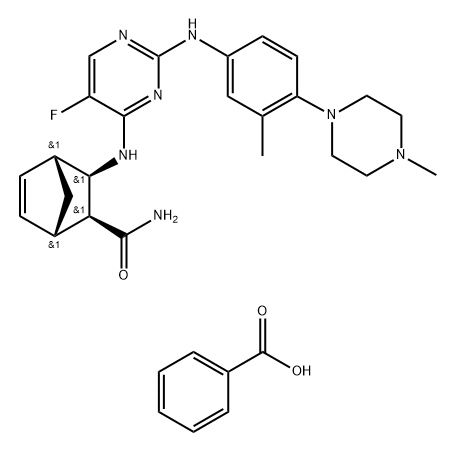 Bicyclo[2.2.1]hept-5-ene-2-carboxamide, 3-[[5-fluoro-2-[[3-methyl-4-(4-methyl-1-piperazinyl)phenyl]amino]-4-pyrimidinyl]amino]-, (1S,2S,3R,4R)-, benzoate (1:1) 结构式