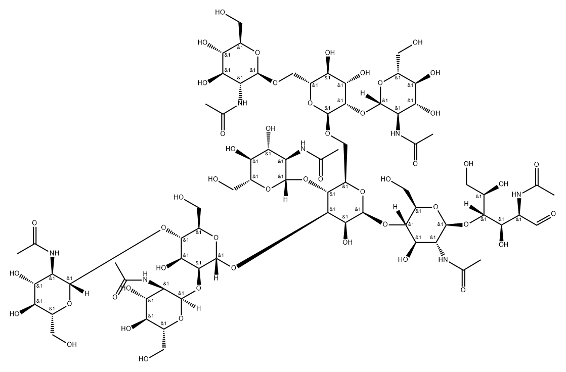 O-2-(乙酰氨基)-2-脱氧-ALPHA-D-吡喃葡萄糖基-(1-2)-O-[2-(乙酰氨基)-2-脱氧-BETA-D-吡喃葡萄糖基-(1-4)]-O-ALPHA-D-甘露糖基-(1-3)-O-[2-(乙酰氨基)-2-脱氧-BETA-D-吡喃葡萄糖基-(1-4)]-O-[O-2-(乙酰氨基)-2-脱氧-BETA-D-吡喃葡萄糖基-(1-2)-O-[2-(乙酰氨基)-2-脱氧-BETA-D-吡喃葡萄糖基-(1-6)]-ALPHA-D-甘露糖基-(1-6)]-O-BETA-D-甘露糖基-(1-4)-O-2-(乙酰氨基)-2-脱氧-BETA-D-吡喃葡萄糖基-(1-4)-2-(乙酰氨基)-2-脱氧 结构式