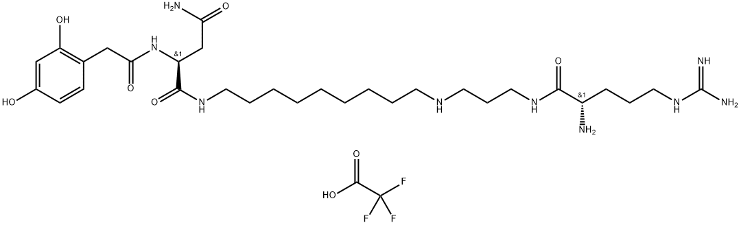 Butanediamide, N1-[9-[[3-[[(2S)-2-amino-5-[(aminoiminomethyl)amino]-1-oxopentyl]amino]propyl]amino]nonyl]-2-[[2-(2,4-dihydroxyphenyl)acetyl]amino]-, (2S)-, 2,2,2-trifluoroacetate (1:3) 结构式