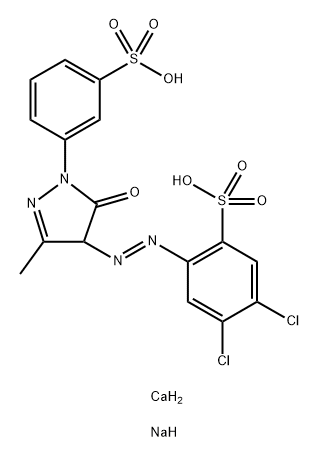 Benzenesulfonic acid, 4,5-dichloro-2-4,5-dihydro-3-methyl-5-oxo-1-(3-sulfophenyl)-1H-pyrazol-4-ylazo-, calcium sodium salt (2:1:2) 结构式