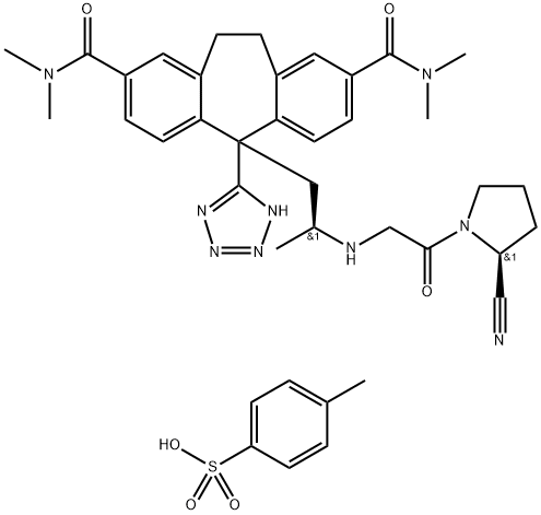 5H-Dibenzo[a,d]cycloheptene-2,8-dicarboxamide, 5-[(2S)-2-[[2-[(2S)-2-cyano-1-pyrrolidinyl]-2-oxoethyl]amino]propyl]-10,11-dihydro-N2,N2,N8,N8-tetramethyl-5-(2H-tetrazol-5-yl)-, 4-methylbenzenesulfonate (1:1) 结构式