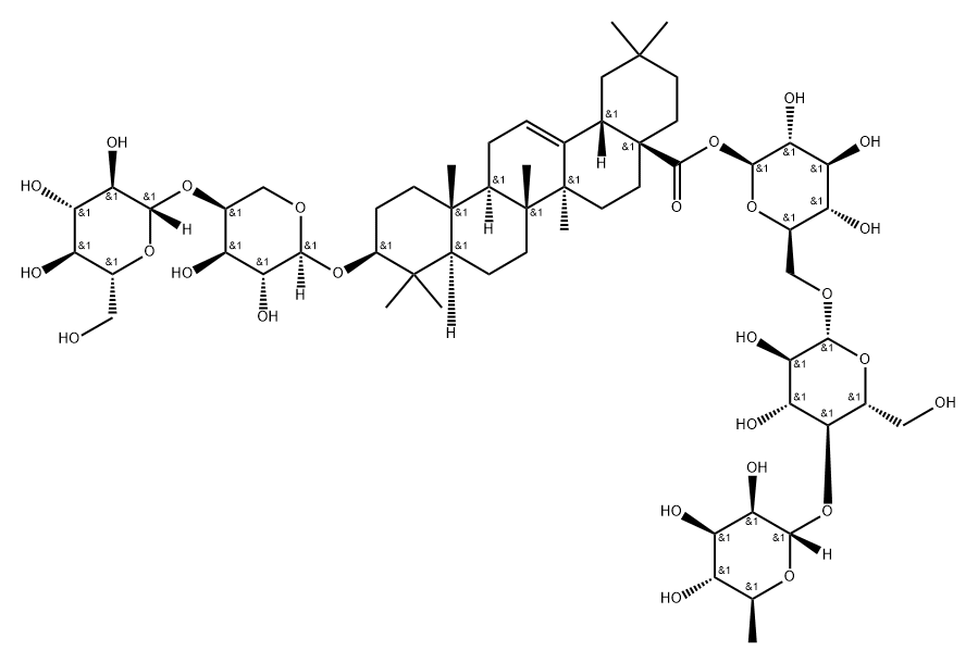 Olean-12-en-28-oic acid, 3-[(4-O-β-D-glucopyranosyl-α-L-arabinopyranosyl)oxy]-, O-6-deoxy-α-L-mannopyranosyl-(1→4)-O-β-D-glucopyranosyl-(1→6)-β-D-glucopyranosyl ester, (3β)- 结构式