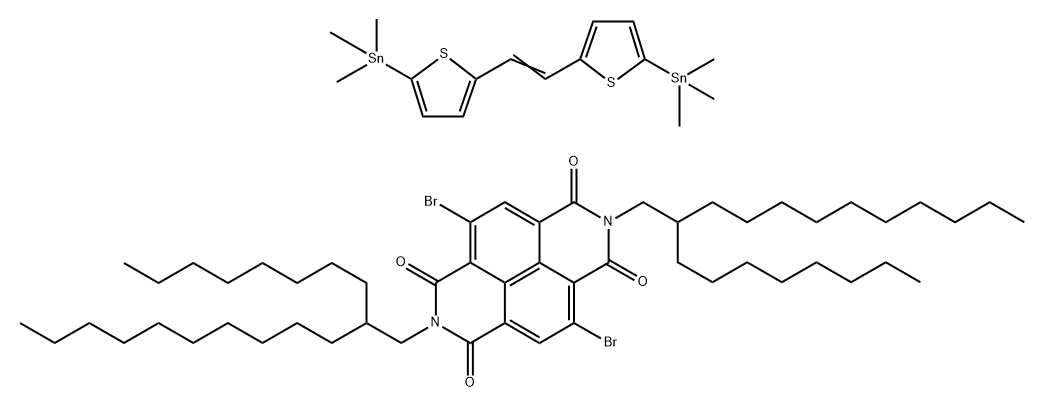 Benzo[lmn]?[3,?8]?phenanthroline-?1,?3,?6,?8(2H,?7H)?-?tetrone, 4,?9-?dibromo-?2,?7-?bis(2-?octyldodecyl)?-?, polymer with 1,?1'-?(1,?2-?ethenediyldi-?5,?2-?thiophenediyl)?bis[1,?1,?1-?trimethylstannane 结构式