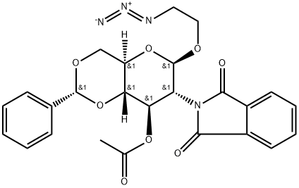 2-叠氮乙基3-O-乙酰基-4,6-O-亚苄基-2-脱氧-2-邻苯二甲酰亚胺-Β-D-吡喃葡萄糖苷 结构式