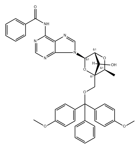 Benzamide, N-[9-[2,5-anhydro-4-C-[[bis(4-methoxyphenyl)phenylmethoxy]methyl]-6-deoxy-α-L-mannofuranosyl]-9H-purin-6-yl]- 结构式