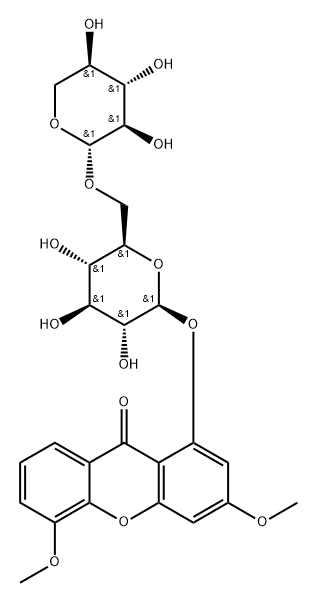 9H-Xanthen-9-one, 3,5-dimethoxy-1-[(6-O-β-D-xylopyranosyl-β-D-glucopyranosyl)oxy]- 结构式