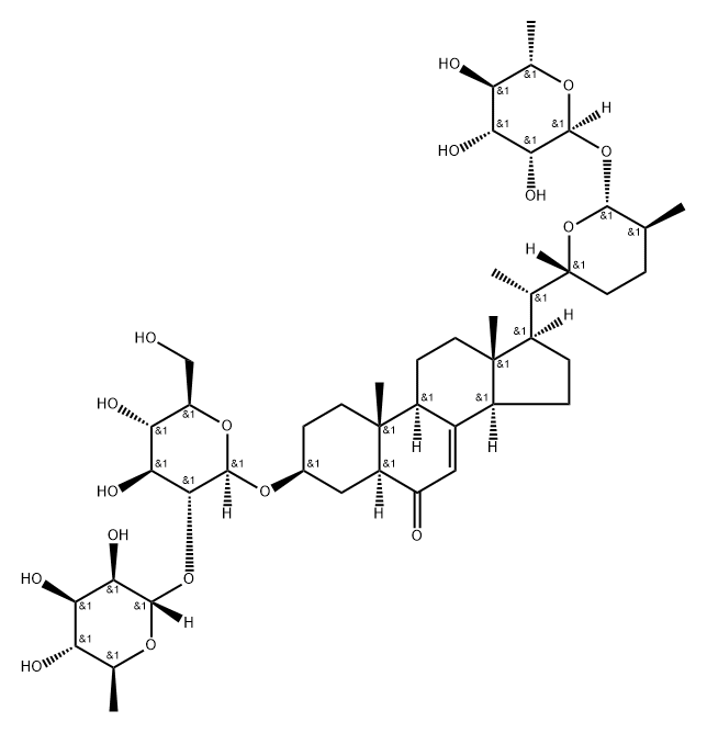 (3R,5R,9S,10R,13S,14S,17R)-3-[(2R,3R,4S,5R,6R)-4,5-dihydroxy-6-(hydrox ymethyl)-3-[(2S,3R,4R,5S,6S)-3,4,5-trihydroxy-6-methyl-oxan-2-yl]oxy-o xan-2-yl]oxy-10,13-dimethyl-17-[(1S)-1-[(2R,5S,6R)-5-methyl-6-[(2S,3R, 4R,5S,6S)-3,4,5-trihydroxy-6-methyl-oxan-2-yl]oxy-oxan-2-yl]ethyl]-1,2 ,3,4,5,9,11,12,14,15,16,17-dodecahydrocyclopenta[a]phenanthren-6-one 结构式