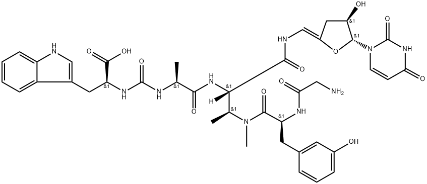 Butanamide, N-[[[(1S)-1-carboxy-2-(1H-indol-3-yl)ethyl]amino]carbonyl]-L-alanyl-N3-(glycyl-3-hydroxy-L-phenylalanyl)-2-amino-N-[(Z)-[(4R,5R)-5-(3,4-dihydro-2,4-dioxo-1(2H)-pyrimidinyl)dihydro-4-hydroxy-2(3H)-furanylidene]methyl]-3-(methylamino)-, (2S,3S)- 结构式