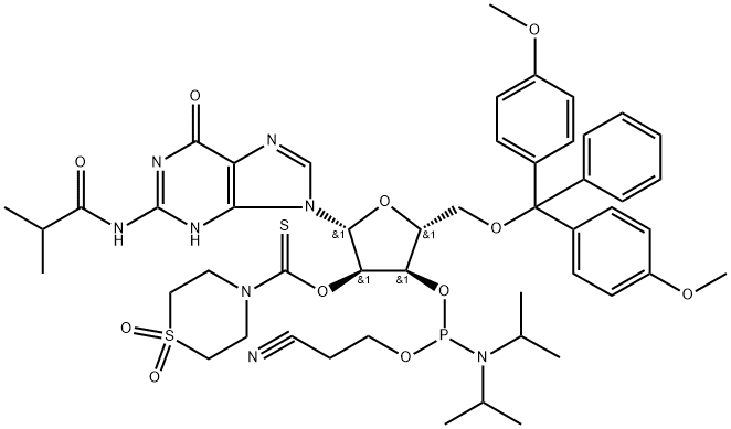 N2-Isobutyryl-O5′-(4,4′-dimethoxytrityl)-O2′-(1,1-dioxothiomorpholine-4-thiocarbonyl)guanosine O3′-(O-(2-cyanoethyl)-N,N-diisopropylphosphoramidite) 结构式