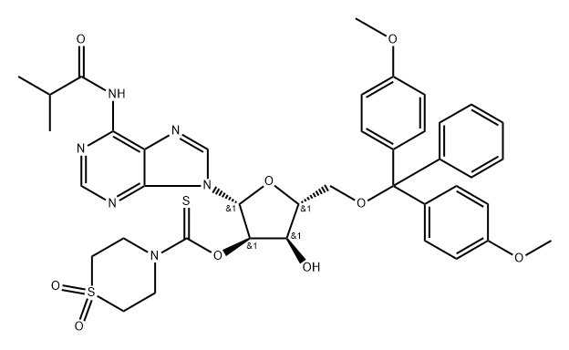 Adenosine, 5'-O-[bis(4-methoxyphenyl)phenylmethyl]-N-(2-methyl-1-oxopropyl)-, 2'-(1,1-dioxido-4-thiomorpholinecarbothioate) 结构式