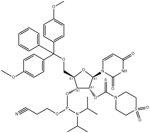 O5′-(4,4′-dimethoxytrityl)-O2′-(1,1-dioxothiomorpholine-4-thiocarbonyl)uridine O3′-(O-(2-cyanoethyl)-N,N-diisopropylphosphoramidite) 结构式