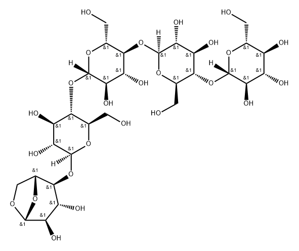 O-BETA-D-吡喃葡萄糖基-(1-4)-O-BETA-D-吡喃葡萄糖基-(1-4)-O-BETA-D-吡喃葡萄糖基-(1-4)-O-BETA-D-吡喃葡萄糖基-(1-4)-1,6-脱水-BETA-D-吡喃葡萄糖 结构式