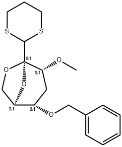 .beta.-D-ribo-Heptos-2-ulo-2,6-pyranose, 2,7-anhydro-4-deoxy-3-O-methyl-5-O-(phenylmethyl)-, cyclic 1,3-propanediyl dithioacetal 结构式