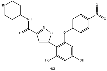 3-Isoxazolecarboxamide, 5-[2,4-dihydroxy-6-(4-nitrophenoxy)phenyl]-N-4-piperidinyl-, hydrochloride (1:1) 结构式