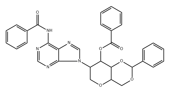 1,5-Anhydro-3-O-benzoyl-4,6-O-benzylidene-2-deoxy-2-(N6-benzoyladenin-1-yl)-D-altro-hexitol 结构式