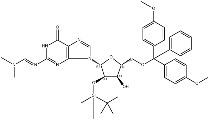 N2-(DIMETHYLAMINOMETHYLENE)-2'-O-(TERT-BUTYLDIMETHYLSILYL)-5'-O-(P,P'-DIMETHOXYTRITYL)GUANOSINE 结构式