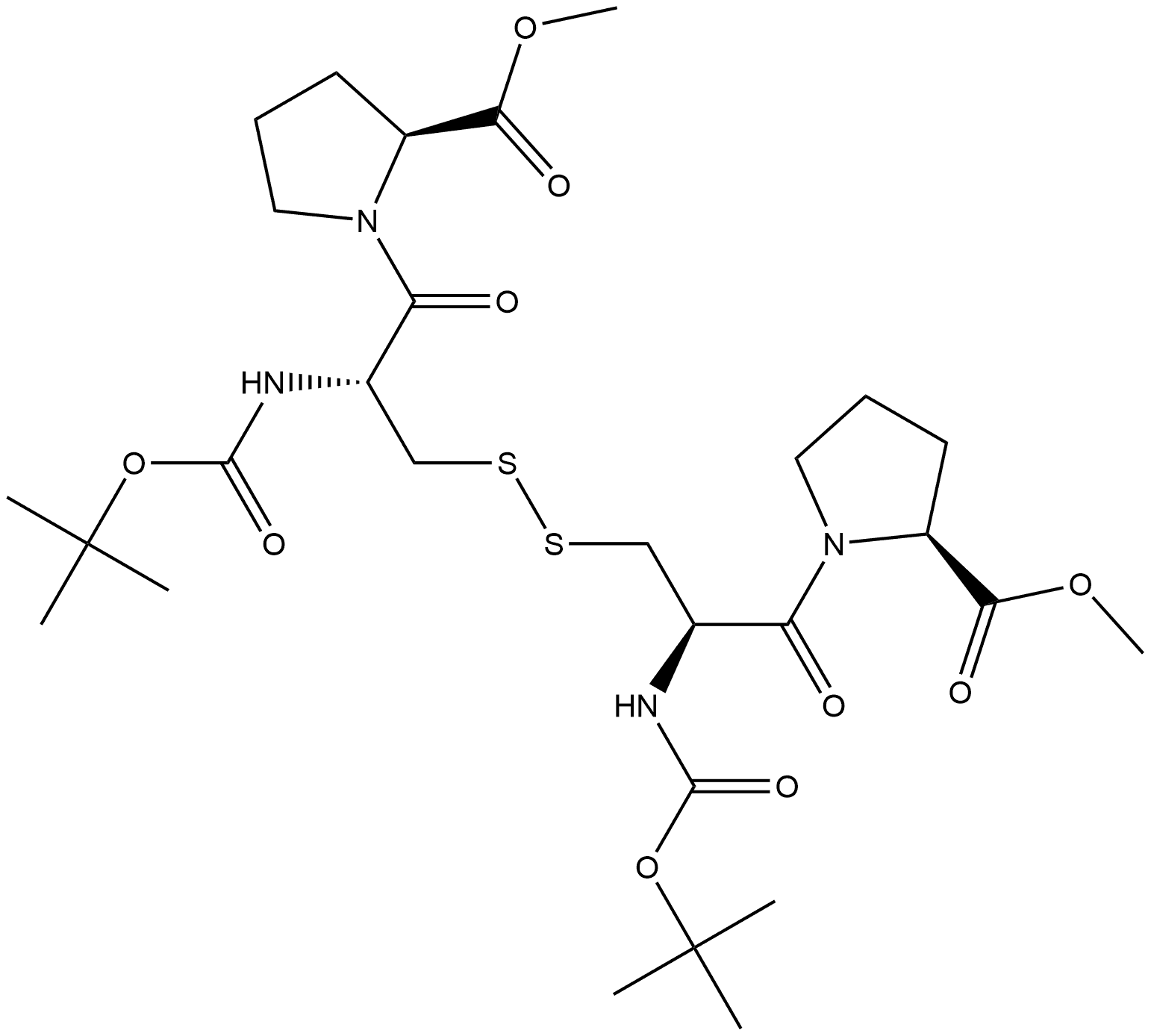 L-Proline, N-[(1,1-dimethylethoxy)carbonyl]-L-cysteinyl-, methyl ester, bimol. (1→1')-disulfide 结构式