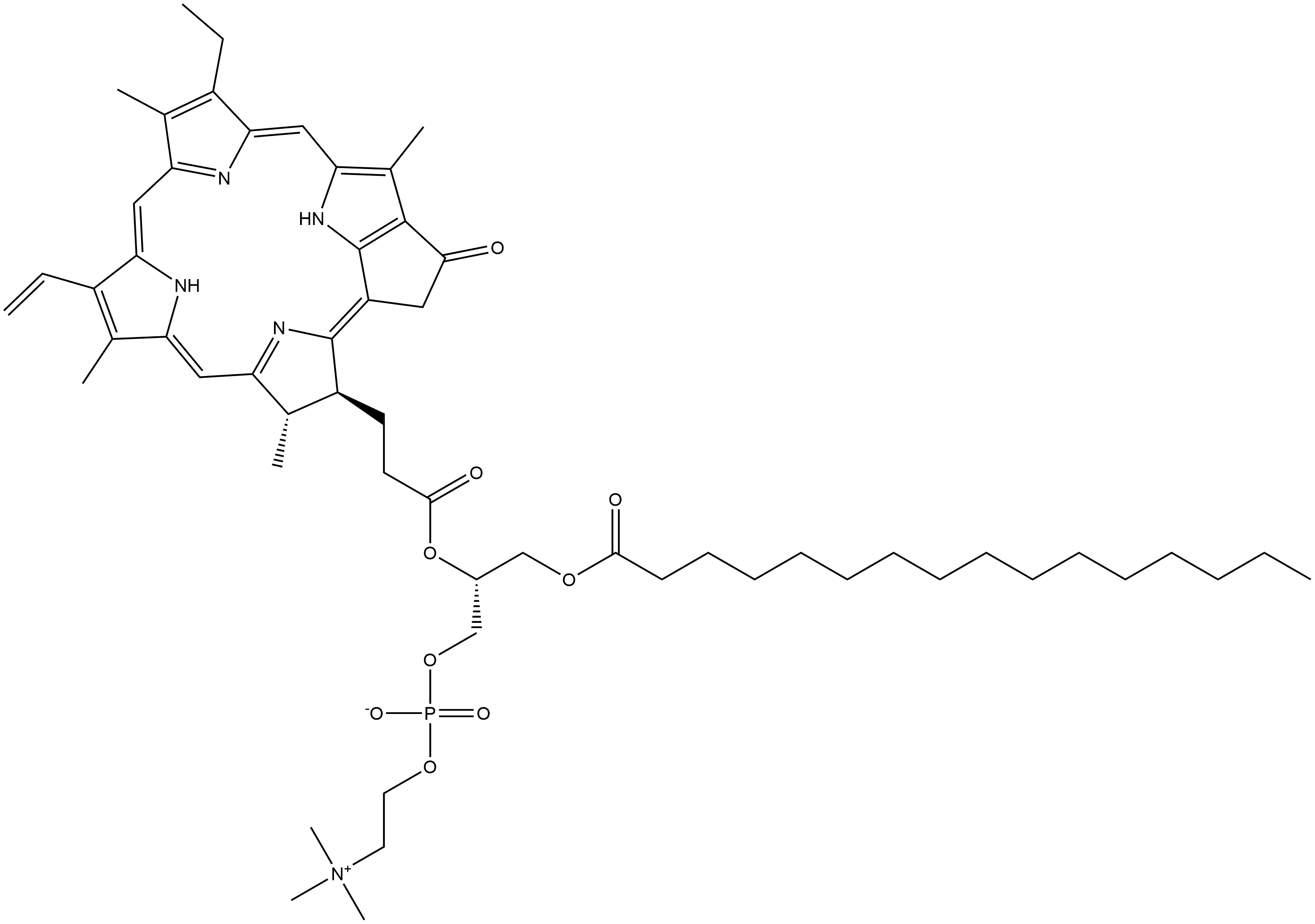 3,5,9-Trioxa-4-phosphapentacosan-1-aminium, 7-[3-[(3S,4S)-9-ethenyl-14-ethyl-4,8,13,18-tetramethyl-20-oxo-3-phorbinyl]-1-oxopropoxy]-4-hydroxy-N,N,N-trimethyl-10-oxo-, inner salt, 4-oxide, (7R)- 结构式