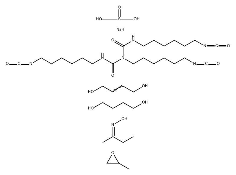 Sulfurous acid, monosodium salt, polymer with 1,4-butanediol, 2-butene-1,4-diol, methyloxirane and N,N',2-tris(6-isocyanatohexyl)imidodicarbonic diamide, Me Et ketone oxime-blocked 结构式