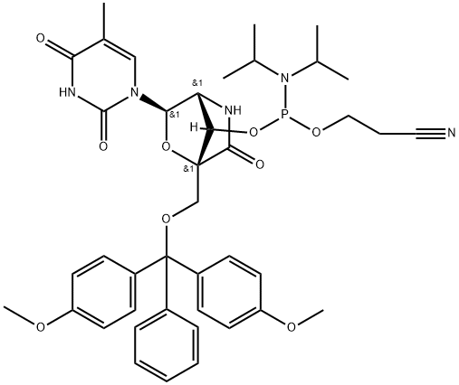 Phosphoramidous acid, N,N-bis(1-methylethyl)-, (1R,3R,4R,7S)-1-[[bis(4-methoxyphenyl)phenylmethoxy]methyl]-3-(3,4-dihydro-5-methyl-2,4-dioxo-1(2H)-pyrimidinyl)-6-oxo-2-oxa-5-azabicyclo[2.2.1]hept-7-yl 2-cyanoethyl ester 结构式