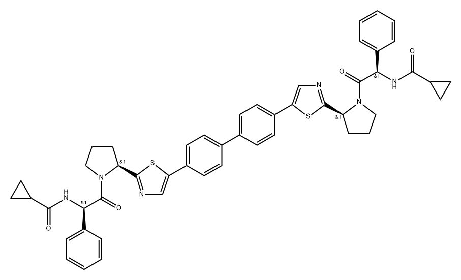 Cyclopropanecarboxamide, N,N'-[[1,1'-biphenyl]-4,4'-diylbis[5,2-thiazolediyl-(2S)-2,1-pyrrolidinediyl[(1R)-2-oxo-1-phenyl-2,1-ethanediyl]]]bis- 结构式