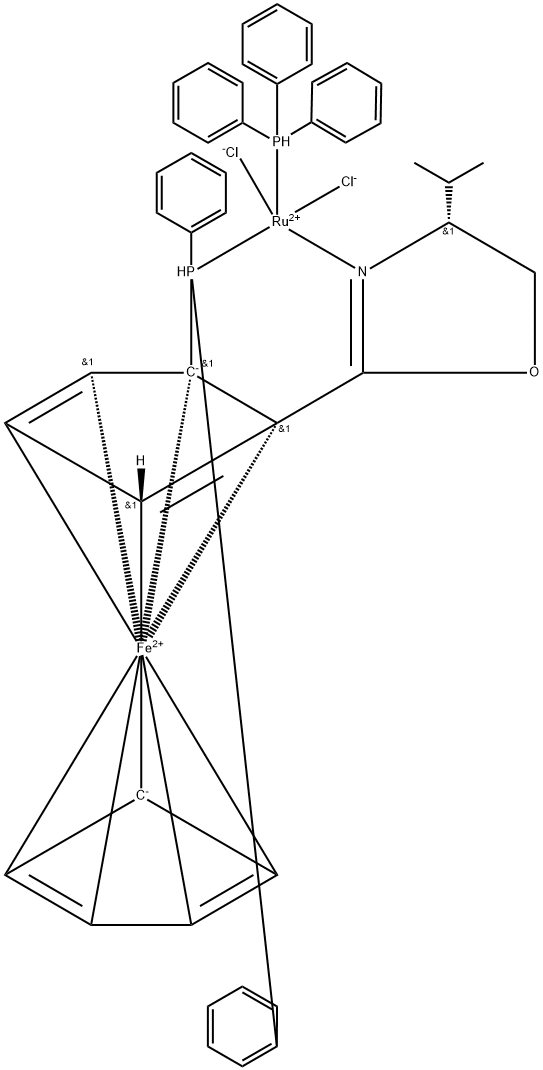 (+)-DICHLORO[(4R)-4-(I-PROPYL)-2-{(R)-2-(DIPHENYLPHOSPHINO)FERROCENYL}OXAZOLINE](TRIPHENYLPHOSPHINE)RUTHENIUM(II) 结构式