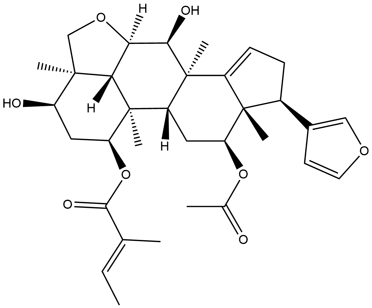 24-Norchola-5,14,20,22-tetraeno[6,5,4-bc]furan-1,3,7,12-tetrol, 21,23-epoxy-4,5,5',6-tetrahydro-4,8-dimethyl-, 12-acetate 1-[(2E)-2-methyl-2-butenoate], (1α,3α,4β,5α,6β,7α,12α,13α,17α)- 结构式