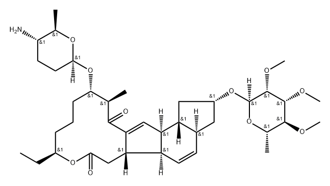 1H-as-Indaceno3,2-doxacyclododecin-7,15-dione, 13-(2R,5S,6R)-5-aminotetrahydro-6-methyl-2H-pyran-2-yloxy-2-(6-deoxy-2,3,4-tri-O-methyl-.alpha.-L-mannopyranosyl)oxy-9-ethyl-2,3,3a,5a,5b,6,9,10,11,12,13,14,16a,16b-tetradecahydro-14-methyl-, (2R,3aS,5aR,5bS, 结构式