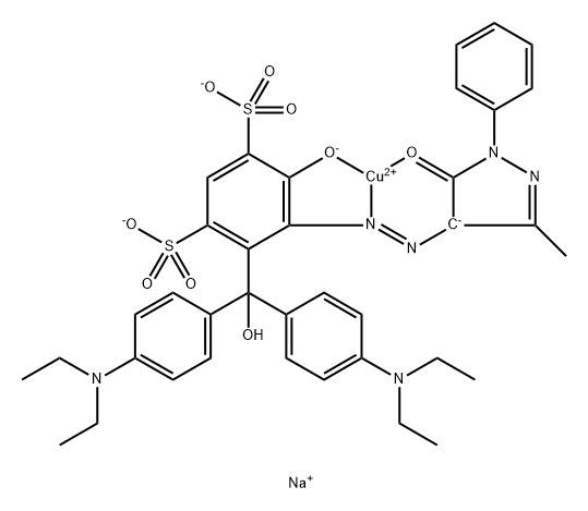 Cuprate(2-), [4-[bis[4-(diethylamino)phenyl]hydroxymethyl]-5-[(4,5-dihydro-3-methyl-5-(oxo-κO)-1-phenyl-1H-pyrazol-4-yl)azo-κN1]-6-(hydroxy-κO)-1,3-benzenedisulfonato(4-)]-, disodium 结构式