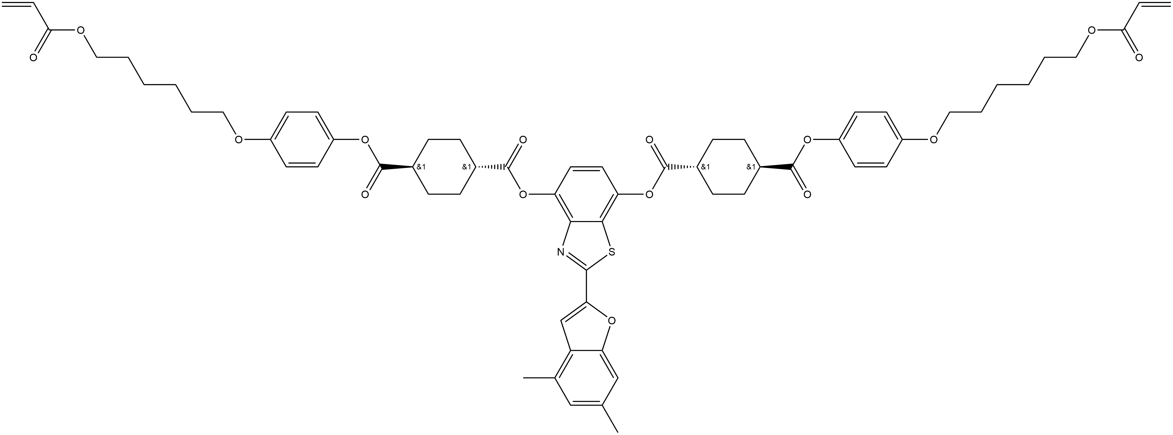 1,4-Cyclohexanedicarboxylic acid, 1,1'-[2-(4,6-dimethyl-2-benzofuranyl)-4,7-benzothiazolediyl] 4,4'-bis[4-[[6-[(1-oxo-2-propen-1-yl)oxy]hexyl]oxy]phenyl] ester, (trans,trans)- 结构式