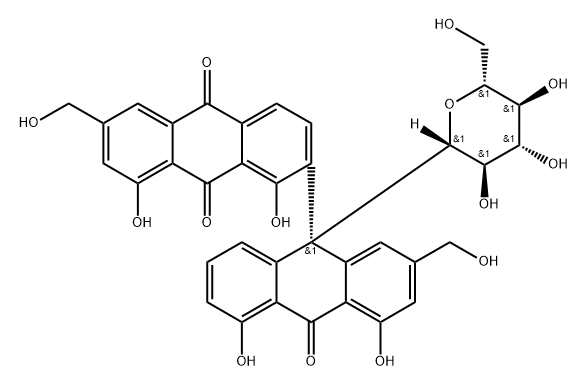 [2,9'-Bianthracene]-9,10,10'(9'H)-trione, 9'-β-D-glucopyranosyl-1,4',5',8-tetrahydroxy-2',6-bis(hydroxymethyl)-, (9'R)- 结构式