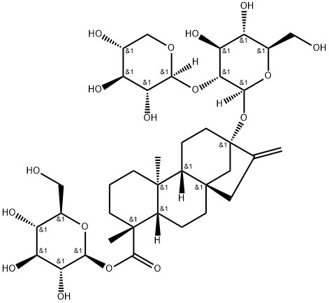 Kaur-16-en-18-oic acid, 13-[(2-O-β-D-xylopyranosyl-β-D-glucopyranosyl)oxy]-, β-D-glucopyranosyl ester, (4α)- 结构式