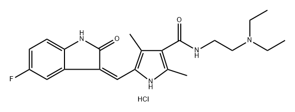 (Z)-N-(2-(diethylamino)ethyl)-5-((5-fluoro-2-oxoindolin-3-ylidene)methyl)-2,4-dimethyl-1H-pyrrole-3-carboxamide hydrochloride 结构式