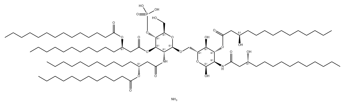 α-D-Glucopyranose, 2-deoxy-6-O-[2-deoxy-2-[[(3R)-1-oxo-3-[(1-oxododecyl)oxy]tetradecyl]amino]-3-O-[(3R)-1-oxo-3-[(1-oxotetradecyl)oxy]tetradecyl]-4-O-phosphono-β-D-glucopyranosyl]-2-[[(3R)-3-hydroxy-1-oxotetradecyl]amino]-, 3-[(3R)-3-hydroxytetradecanoate], ammonium salt (1:1) 结构式