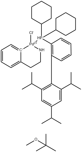 Chloro(2-dicyclohexylphosphino-2',4',6'-tri-i-propyl-1,1'-biphenyl)[2-(2-aminoethyl)phenyl] palladium(II) methyl-t-butylether adduct, min. 98% [XPhos Palladacycle Gen. 1] 结构式