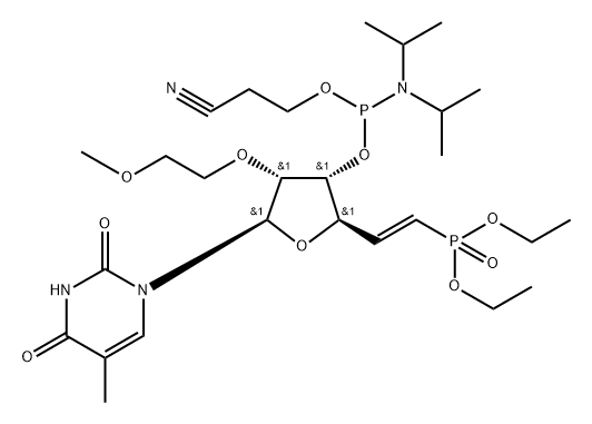 1-[(5E)-3-O-[(Bis-di-isopropyl amino)(2-cyanoethoxy) phosphino]-5,6-dideoxy-6-(diethoxyphosphinyl)-2-O-(2-methoxyethyl)-β-D-ribo-hex-5-enofuranosyl]-5-methyluracil 结构式