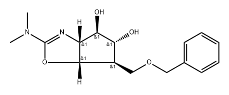 4H-Cyclopentoxazole-4,5-diol, 2-(dimethylamino)-3a,5,6,6a-tetrahydro-6-(phenylmethoxy)methyl-, (3aR,4R,5R,6R,6aS)- 结构式