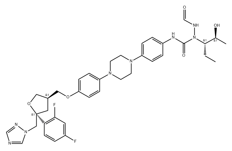 D-threo-Pentitol, 2,5-anhydro-1,3,4-trideoxy-2-C-(2,4-difluorophenyl)-4-[[4-[4-[4-[[[1-[(1S,2S)-1-ethyl-2-hydroxypropyl]-2-formylhydrazinyl]carbonyl]amino]phenyl]-1-piperazinyl]phenoxy]methyl]-1-(1H-1,2,4-triazol-1-yl)- 结构式
