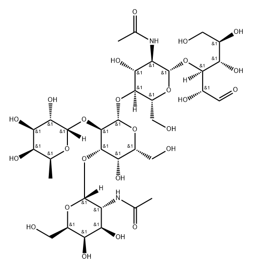 O-2-(乙酰氨基)-2-脱氧-ALPHA-D-吡喃半乳糖基-(1-3)-O-[6-脱氧-ALPHA-L-吡喃半乳糖基-(1-2)]-O-BETA-D-吡喃半乳糖基-(1-4)-O-2-(乙酰氨基)-2-脱氧-BETA-D-吡喃葡萄糖基-(1-3)-D-半乳糖 结构式