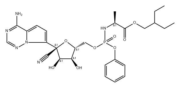 (2S)-2-ethylbutyl 2-(((((2R,3S,4R,5R)-5-(4-aminopyrrolo[2,1-f][1,2,4]triazin-7-yl)-5-cyano-3,4-dihydroxytetrahydrofuran-2-yl)methoxy)(phenoxy)phosphoryl)amino)propanoate 结构式