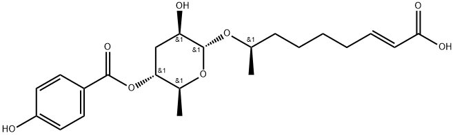 2-Nonenoic acid, 8-[[3,6-dideoxy-4-O-(4-hydroxybenzoyl)-α-L-arabino-hexopyranosyl]oxy]-, (2E,8R)- 结构式