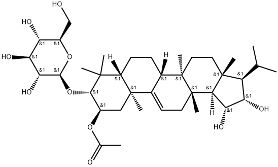 β-D-Glucopyranoside, (2α,3β,8α,13α,14β,17α,18β,19β,20β)-2-(acetyloxy)-19,20-dihydroxy-13,17-dimethyl-A'-neo-26,28-dinorgammacer-9(11)-en-3-yl 结构式