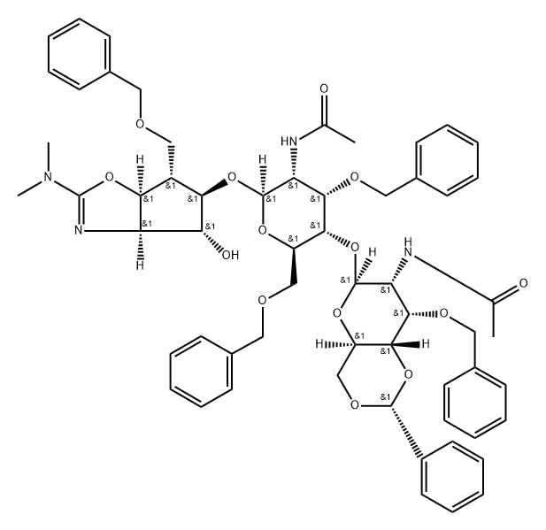 .beta.-D-Allopyranoside, 2-(dimethylamino)-3a,5,6,6a-tetrahydro-4-hydroxy-6-(phenylmethoxy)methyl-4H-cyclopentoxazol-5-yl 2-(acetylamino)-4-O-2-(acetylamino)-2-deoxy-3-O-(phenylmethyl)-4,6-O-(phenylmethylene)-.beta.-D-allopyranosyl-2-deoxy-3,6-bis-O-(phen 结构式