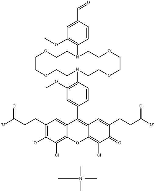 Methanaminium, N,N,N-trimethyl-, 4,5-dichloro-9-[4-[16-(4-formyl-2-methoxyphenyl)-1,4,10,13-tetraoxa-7,16-diazacyclooctadec-7-yl]-3-methoxyphenyl]-6-hydroxy-3-oxo-3H-xanthene-2,7-dipropanoate (3:1) 结构式